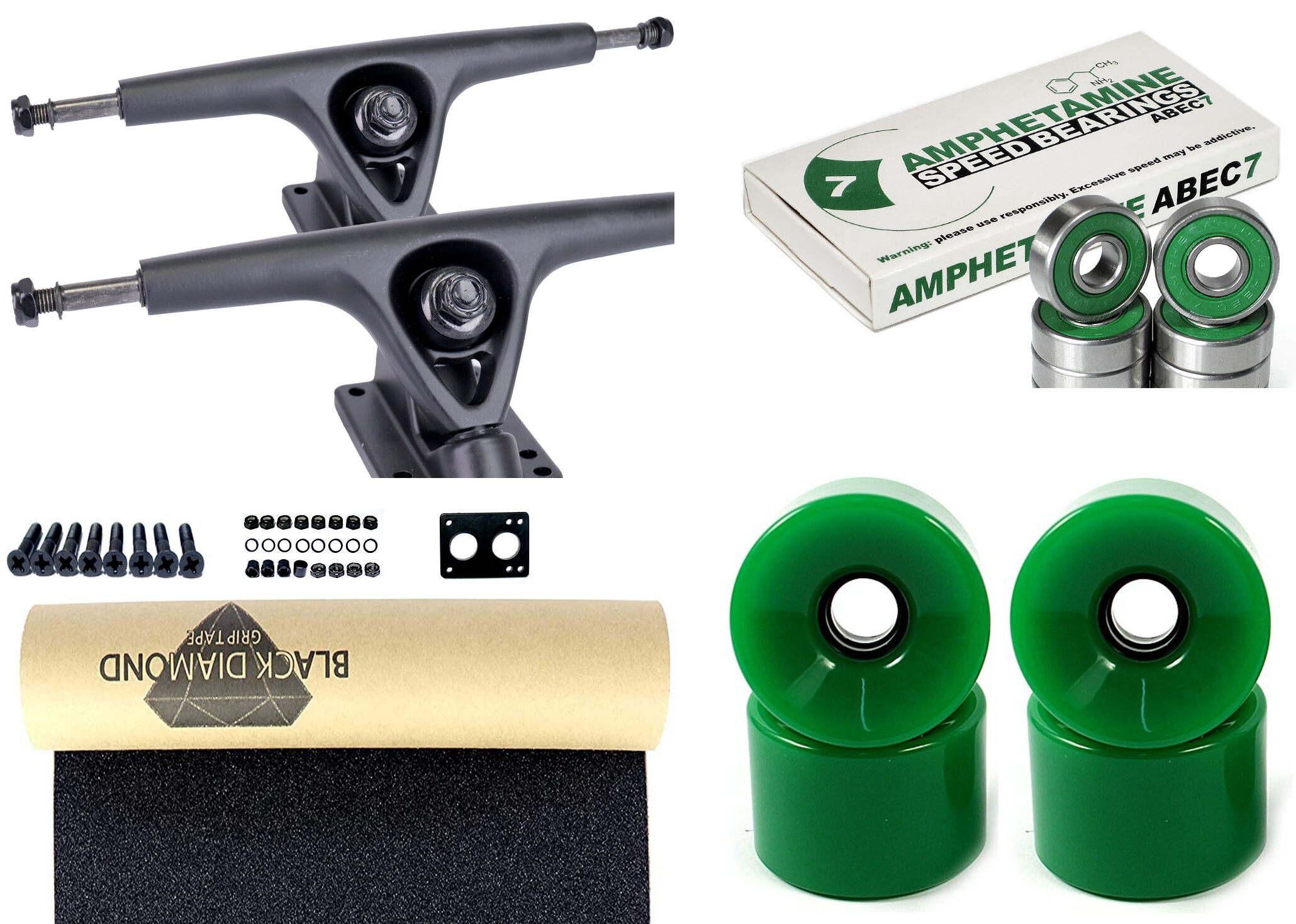 Impact Longboard Achsen Set 180mm Black / Green Wheels 70mm Impact Longboard Achsen Set 180mm Black / Green Wheels 76mm