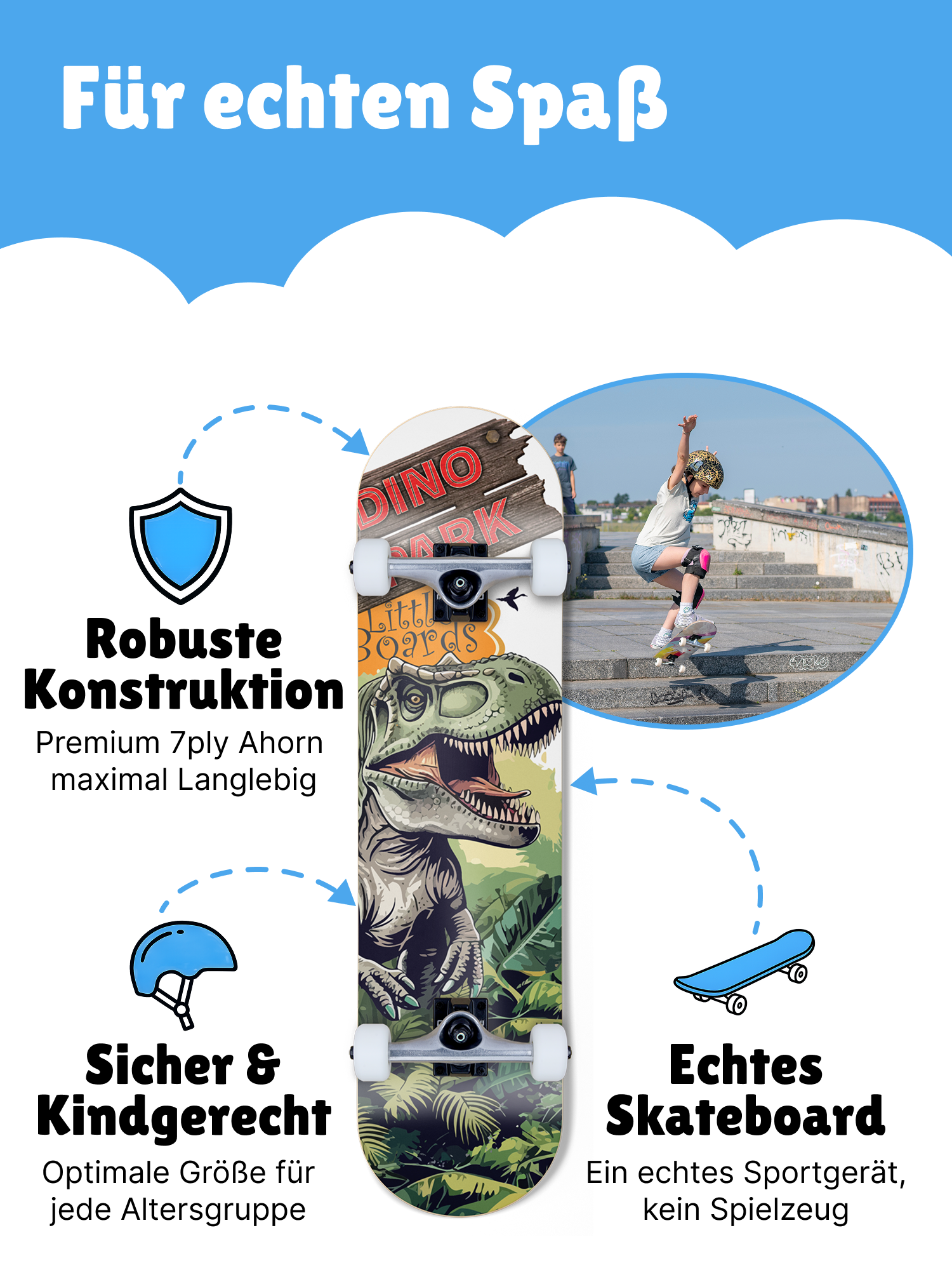 Little Boards "Dino Park" Kids-Skateboard 7.0 Little Boards Kinder Skateboard Dino Park 7.3