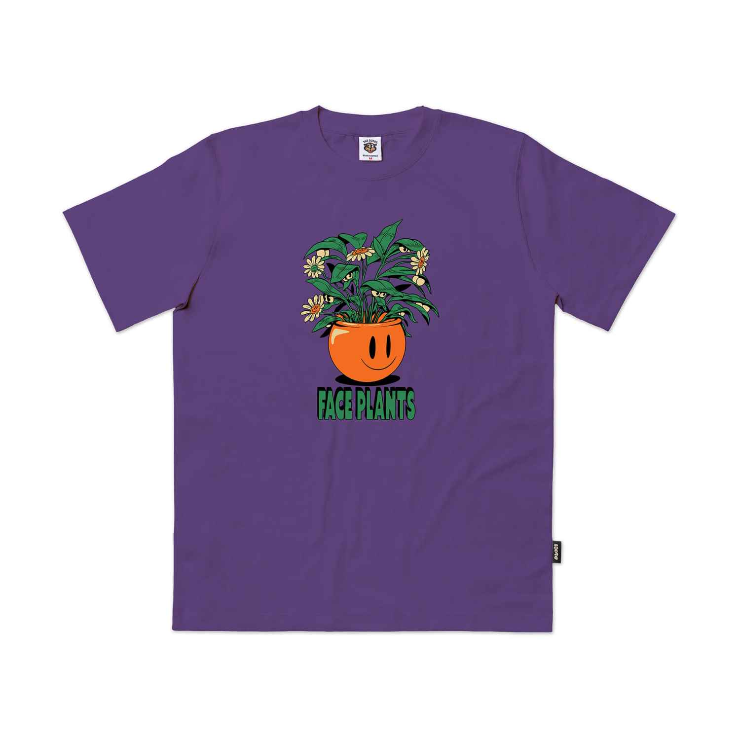Lila T-Shirt mit Bedruckung eines lachenden Blumentopfs und Face Plants Schriftzug