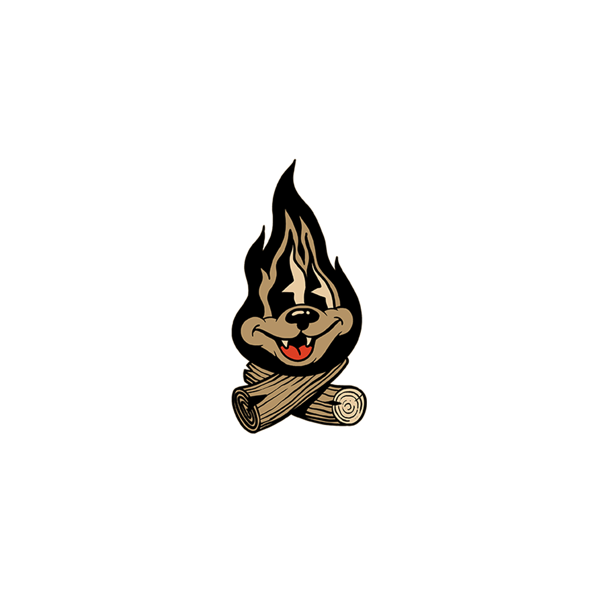 Illustration eines Cartoon-Feuers mit lächelndem Gesicht auf zwei Holzscheiten