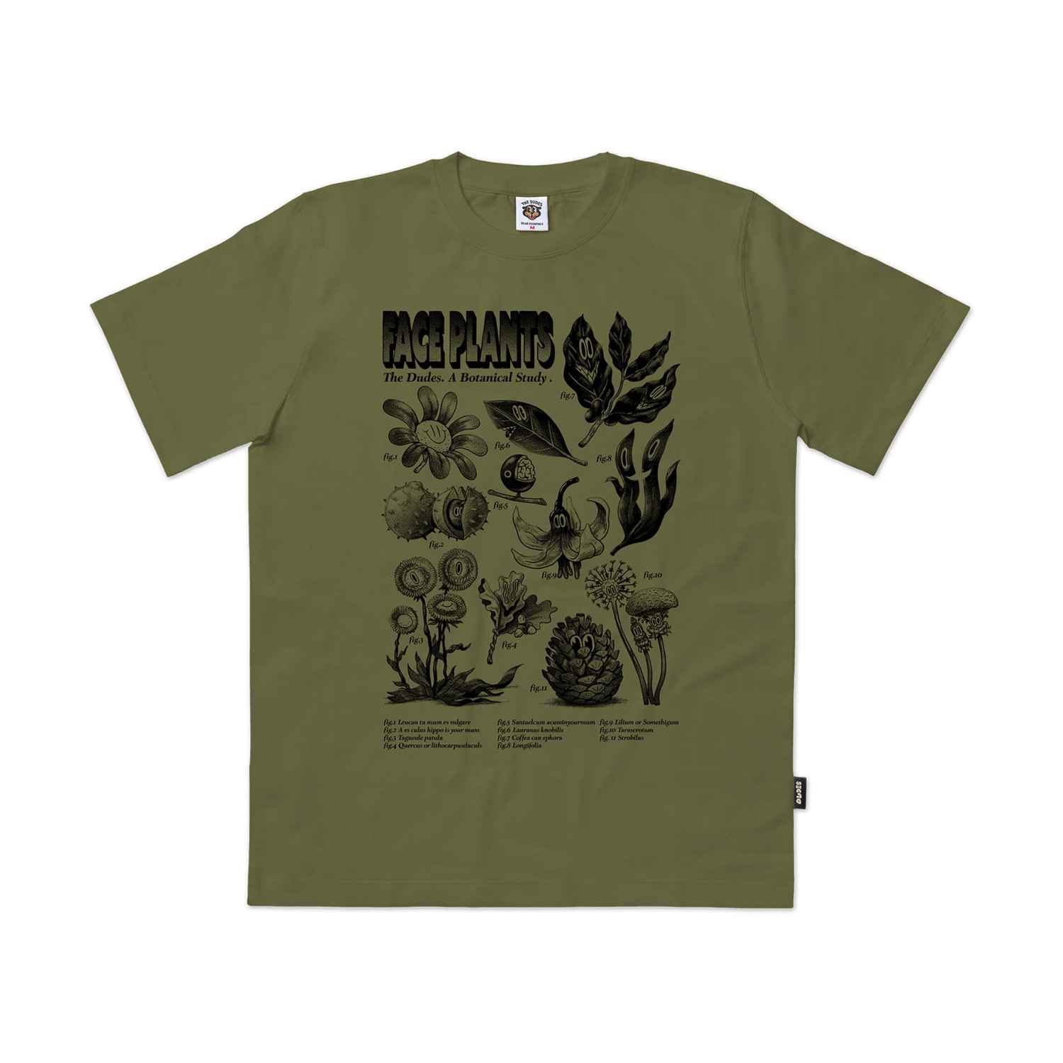 Olivgrünes T-Shirt mit detaillierten botanischen Illustrationen und Schriftzug 'Face Plants'