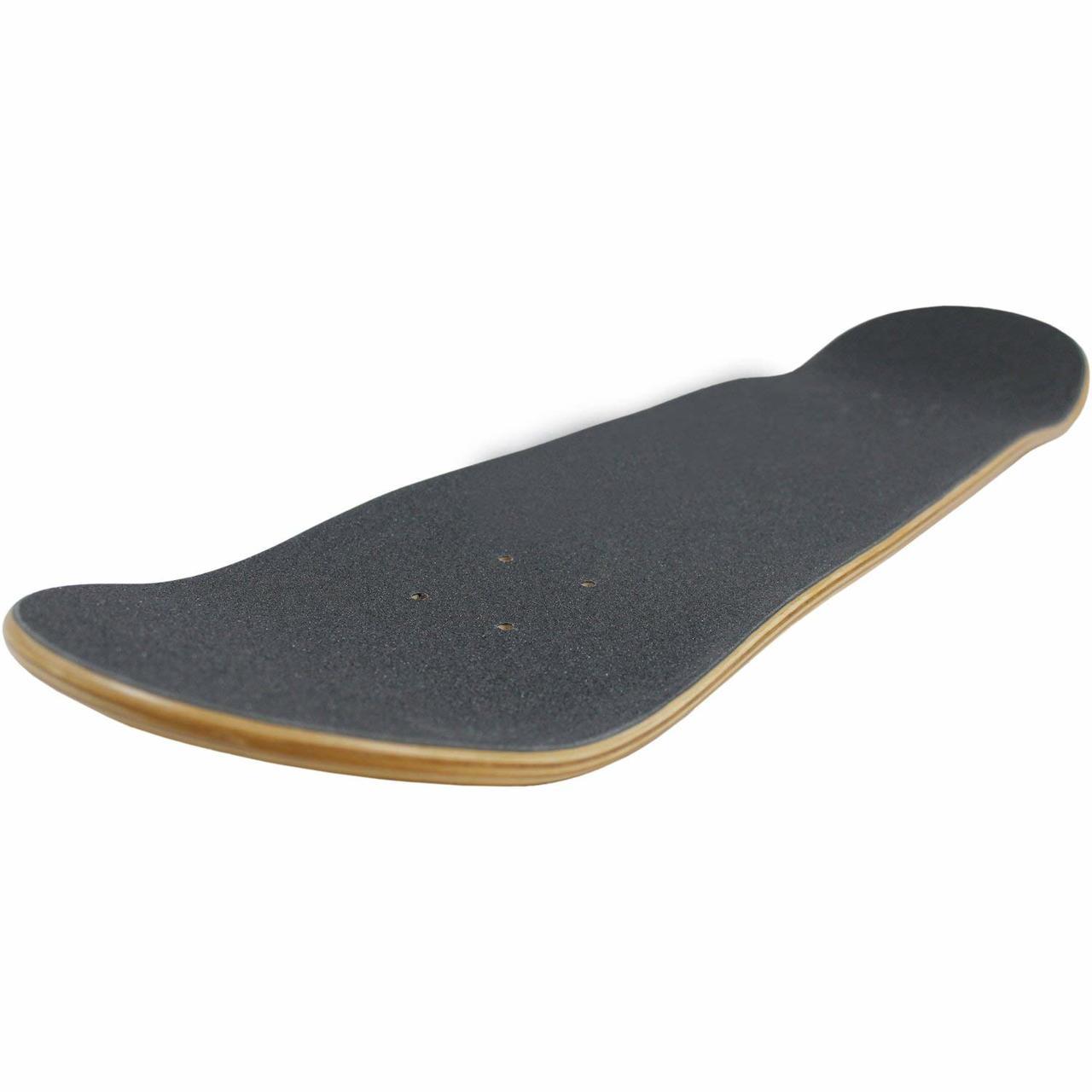 Seitenansicht eines hochwertigen Skateboard-Decks aus Holz mit schwarzem Griptape.