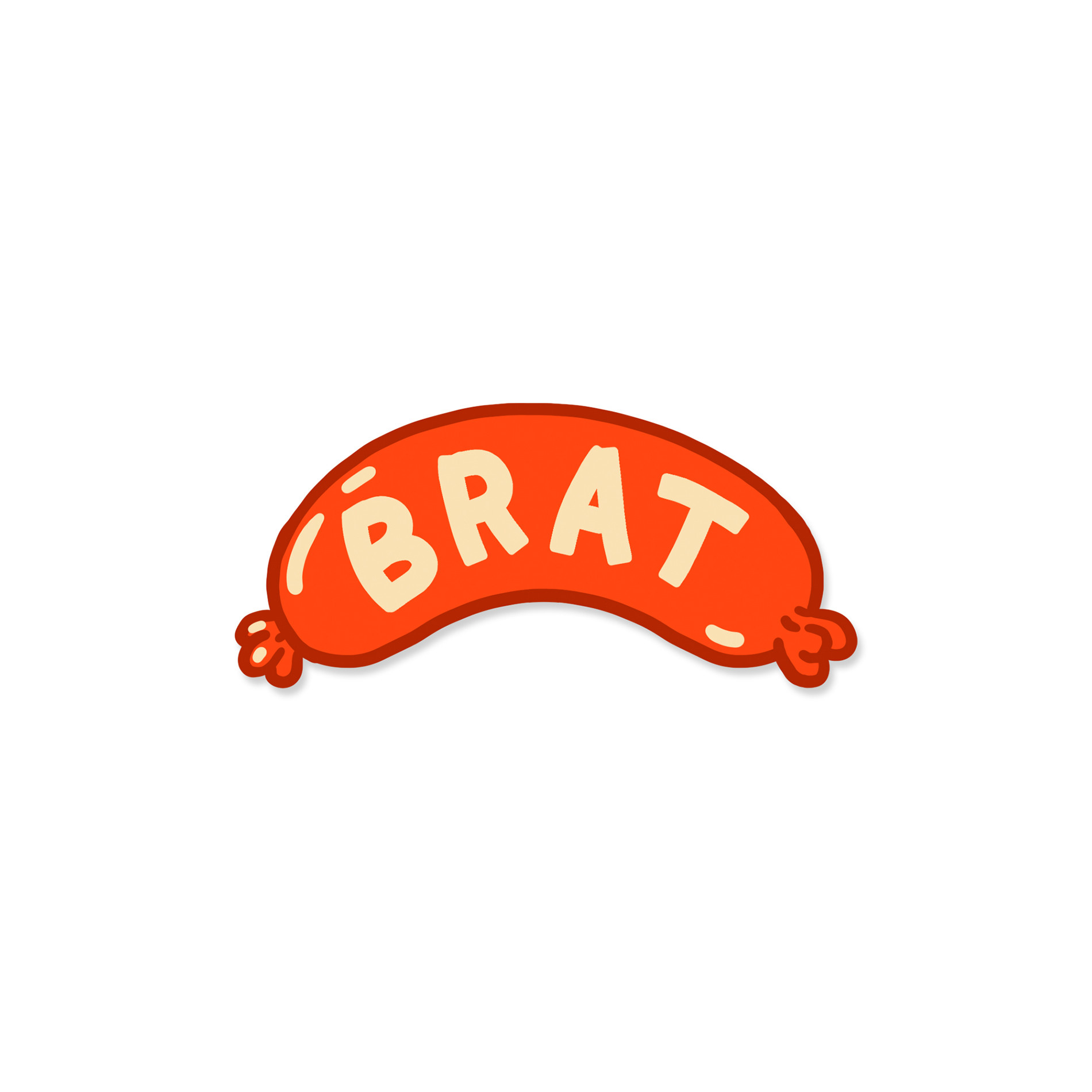 Comic-Design einer Bratwurst mit dem Wort 'BRAT' darauf, auf weißem Hintergrund