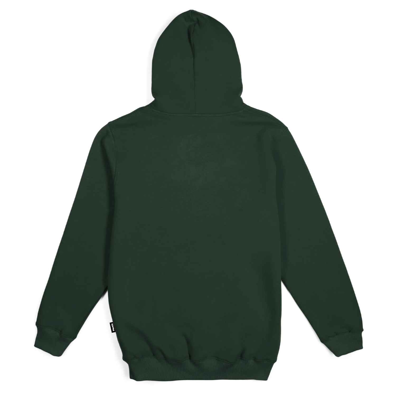 Rückansicht eines grünen Hoodies mit Kapuze