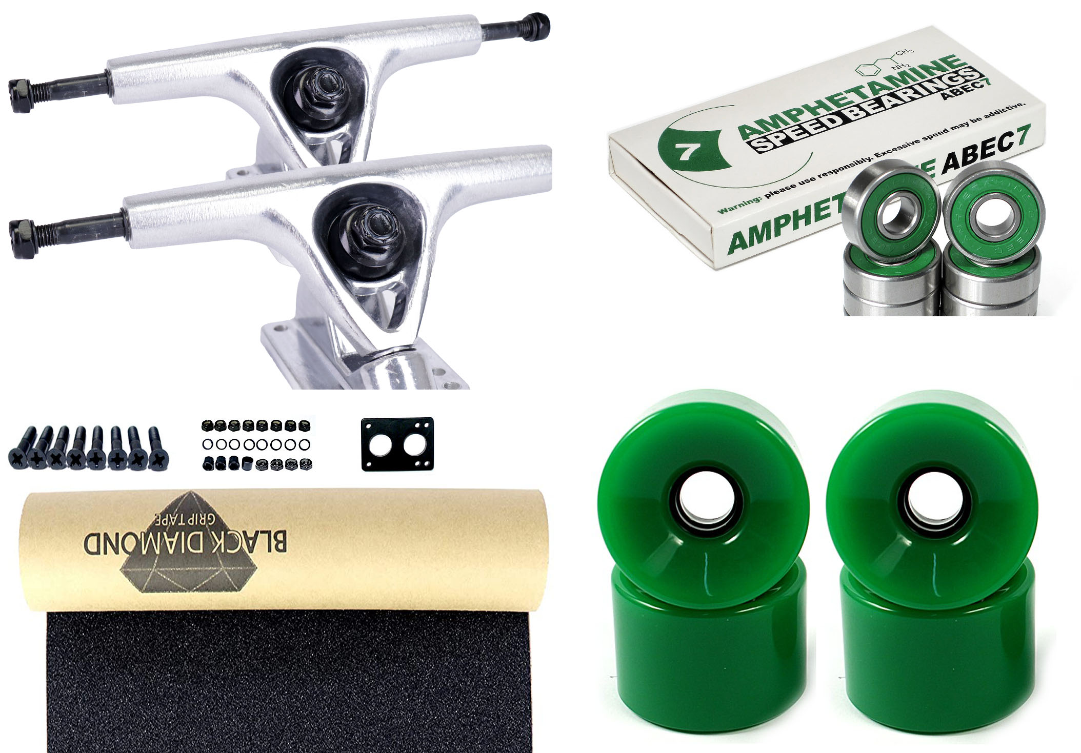 Impact Longboard Axles Set 150mm Silver / Green Wheels 70mm Impact Longboard Achsen Set 150mm Silver / Green Wheels 76mm