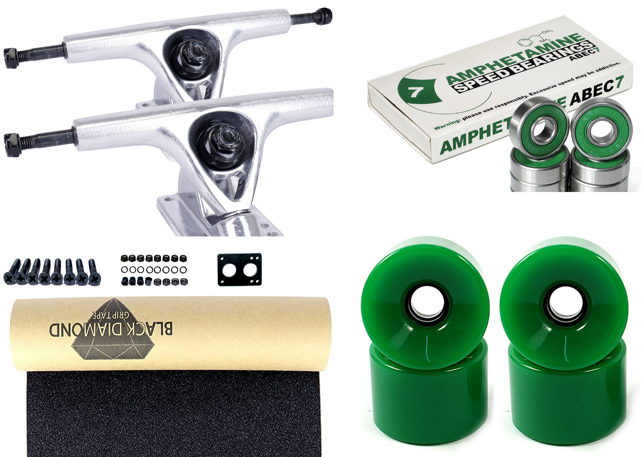 Impact Longboard Axles Set 150mm Silver / Green Wheels 70mm Impact Longboard Achsen Set 150mm Silver / Green Wheels 76mm