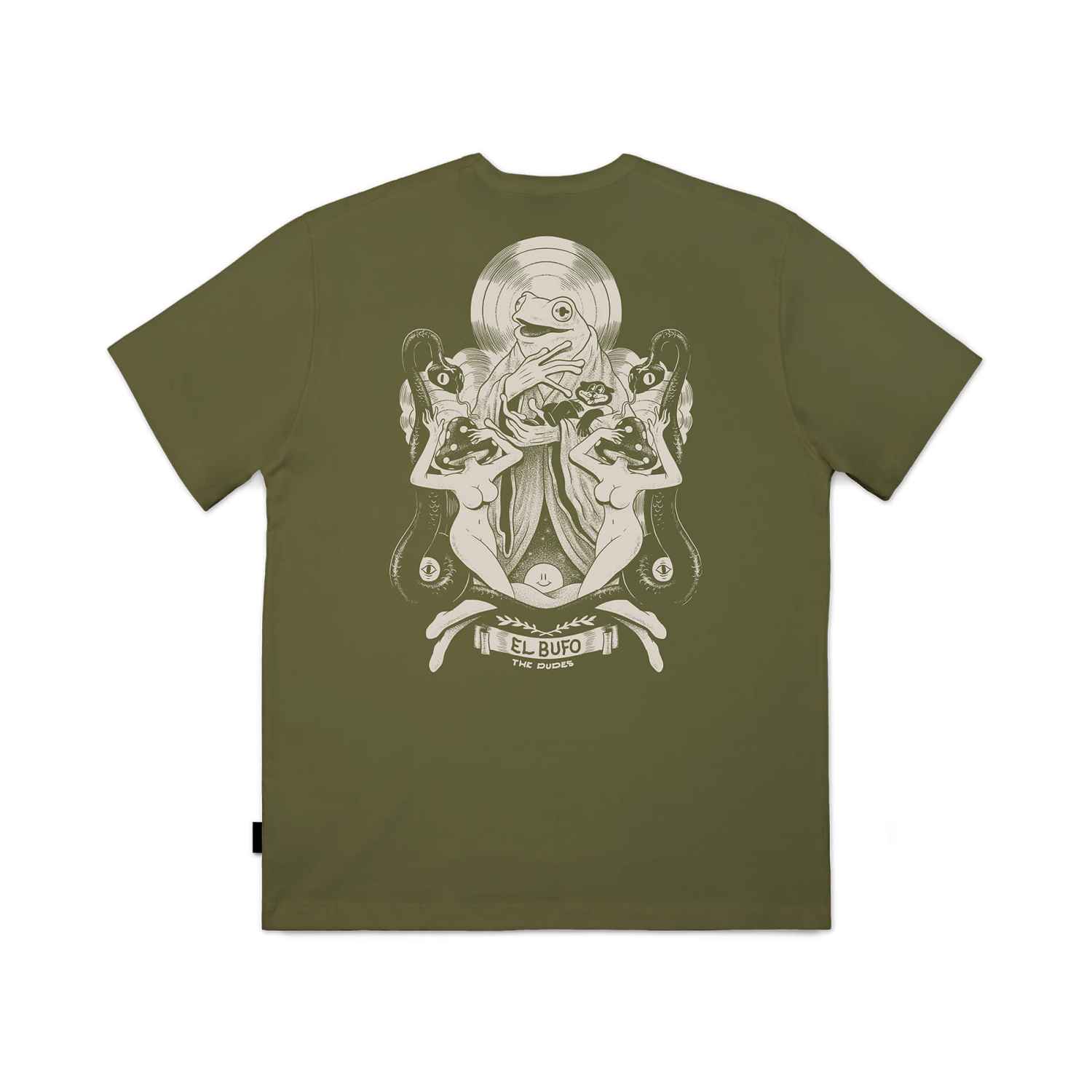 Rückseite eines olivfarbenen T-Shirts mit kreativem Grafikdesign, das Frösche und andere künstlerische Elemente zeigt, Text 'El Bufo - The Dudes' enthalten.