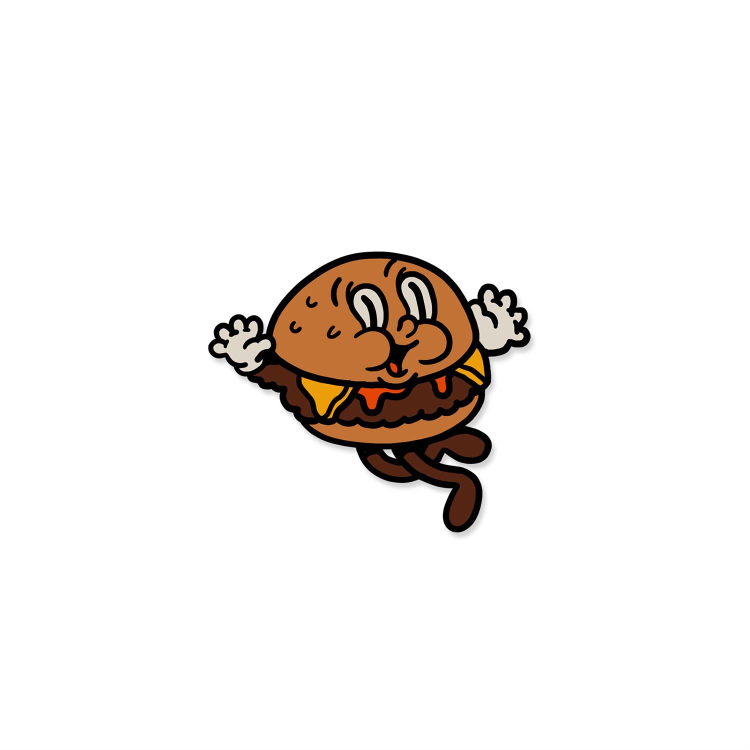 Illustration eines fröhlichen Hamburger-Cartoons mit Armen und Beinen, der springt