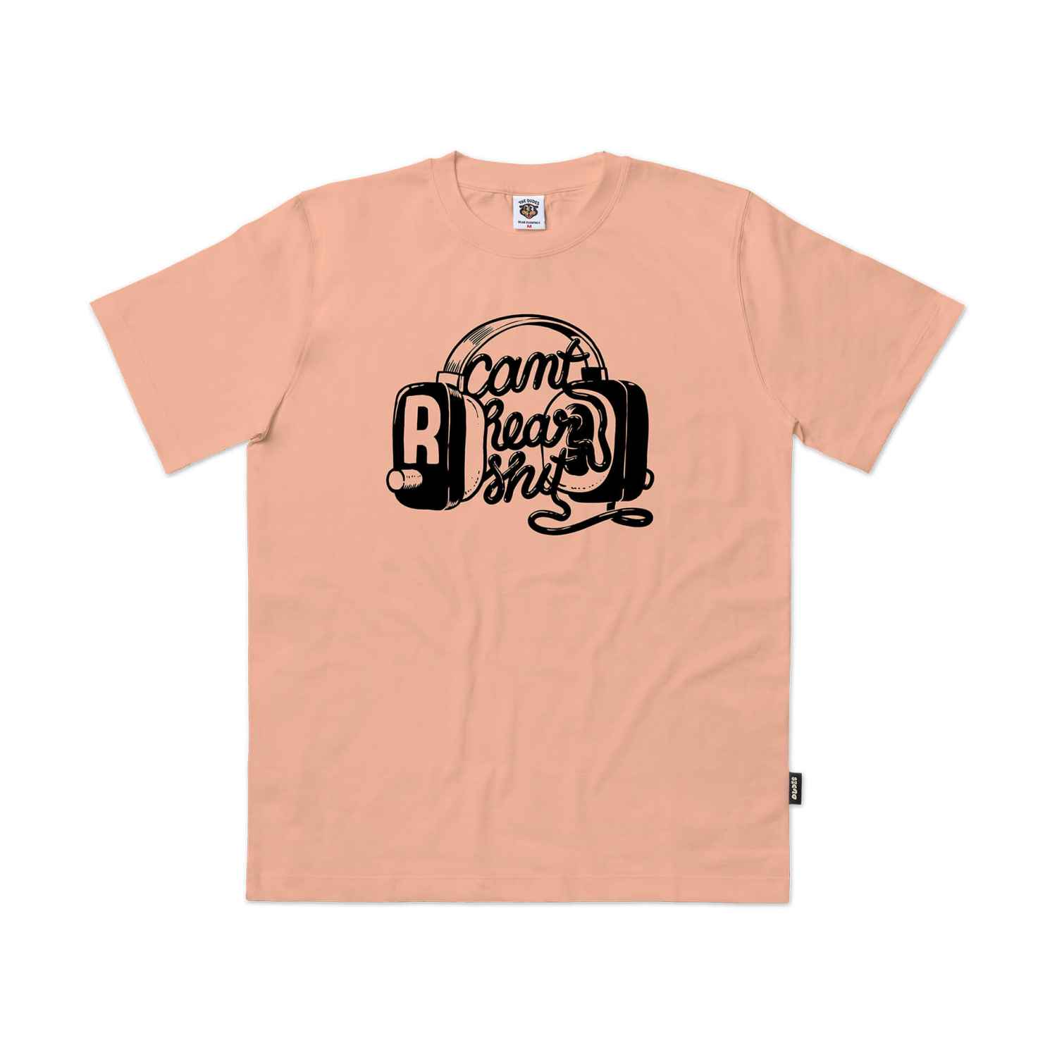 Pfirsichfarbenes T-Shirt mit schwarzem Kopfhörer-Design und Schriftzug