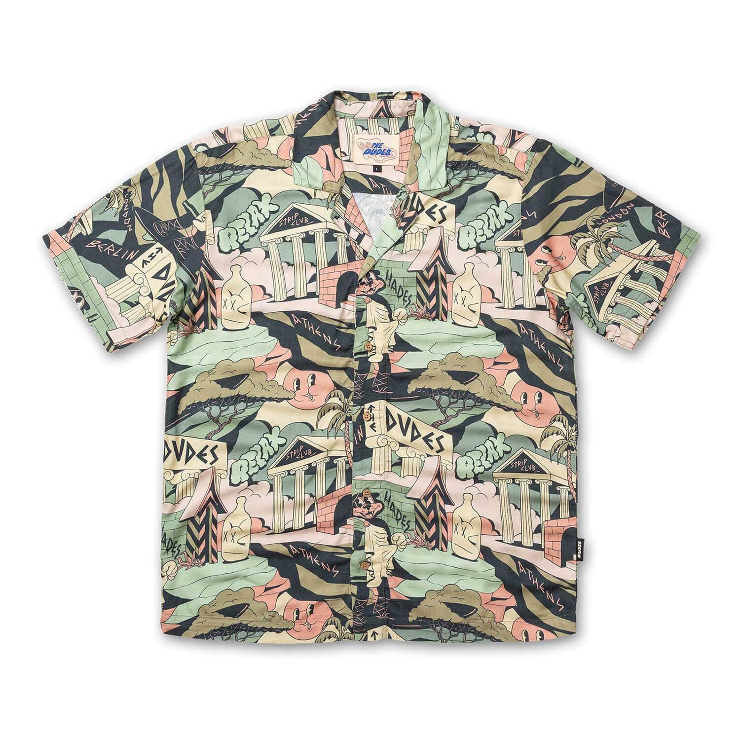 Bunt bedrucktes Kurzarmhemd mit Comic-Motiven The Dudes Temple Hawaiian Shirt - Multicolor XXXL