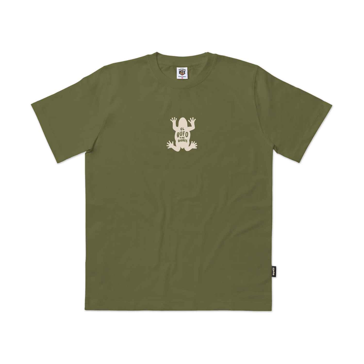 Olives T-Shirt mit einem Froschdesign und dem Text 'El Bufo Dudes'