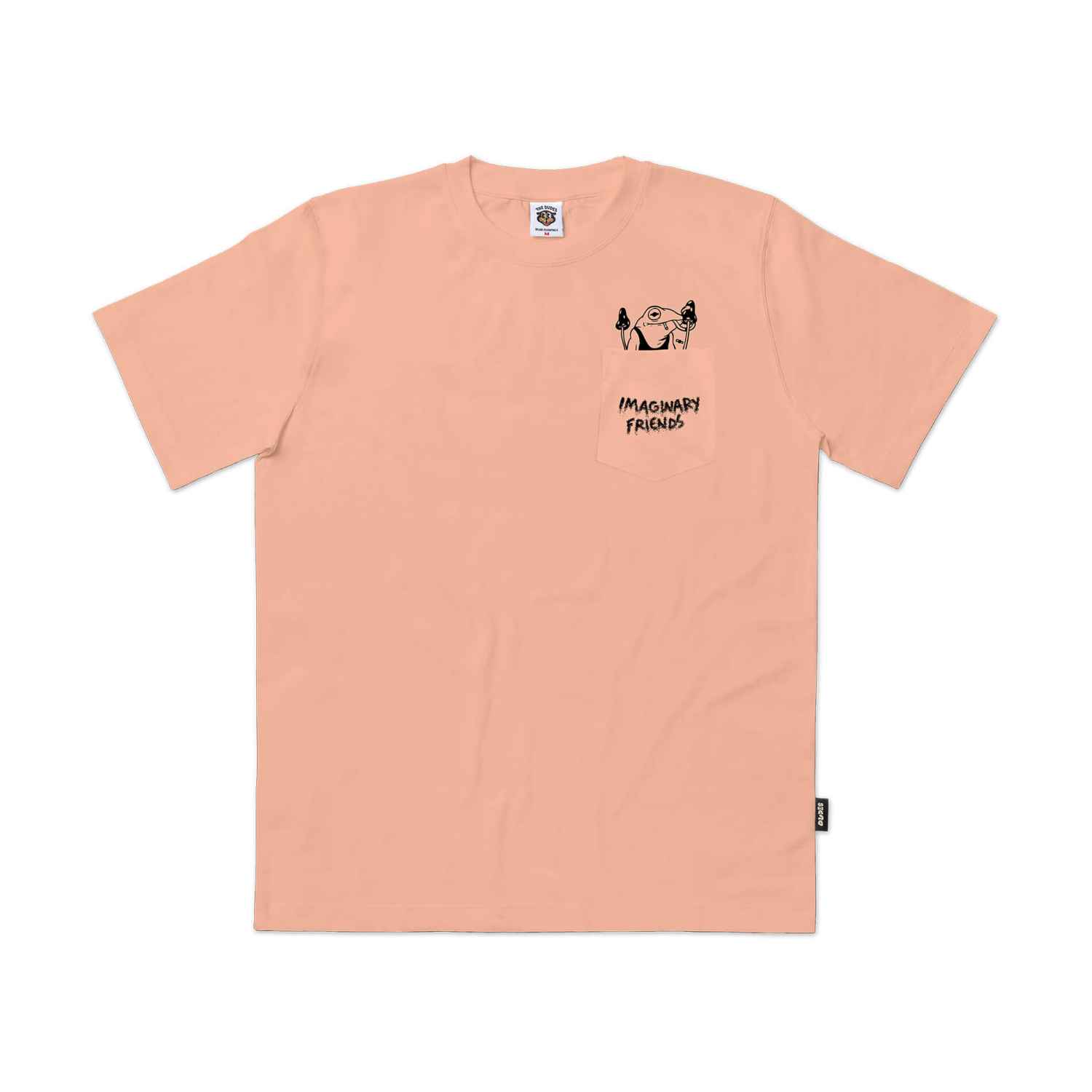 Pfirsichfarbenes T-Shirt mit schwarzem "Imaginary Friends" Druck und grafischem Design auf der Brusttasche
