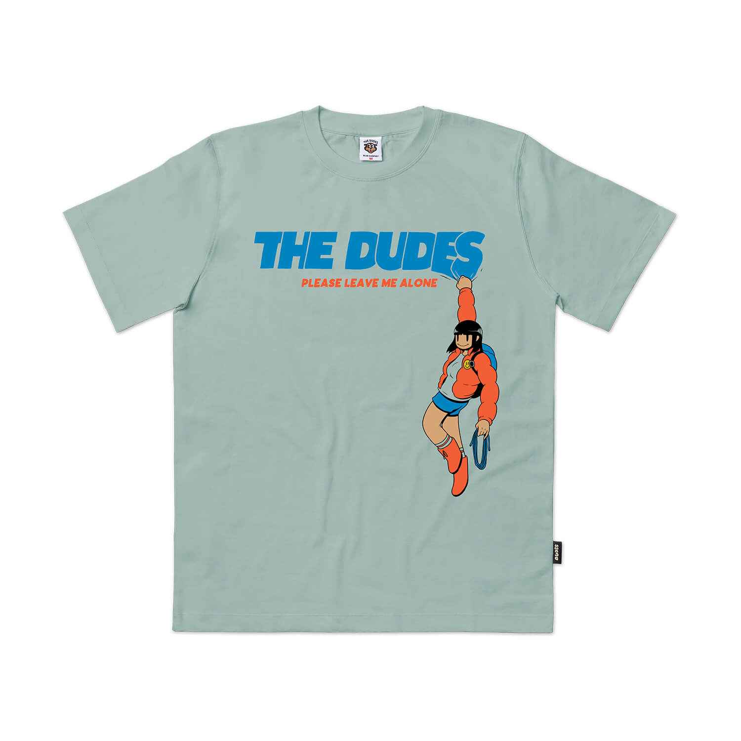 Graues T-Shirt mit blauer Aufschrift 'THE DUDES' und Comicfigur in roter Jacke