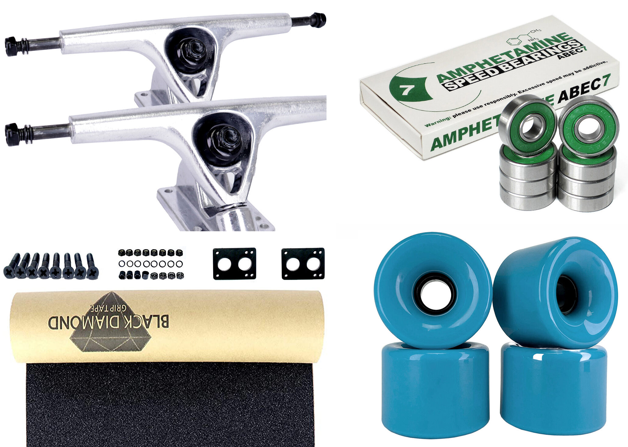 Impact Longboard Axles Set 180mm Silver / Green Wheels 70mm Impact Longboard Achsen Set 180mm Silver / Blue Wheels 76mm