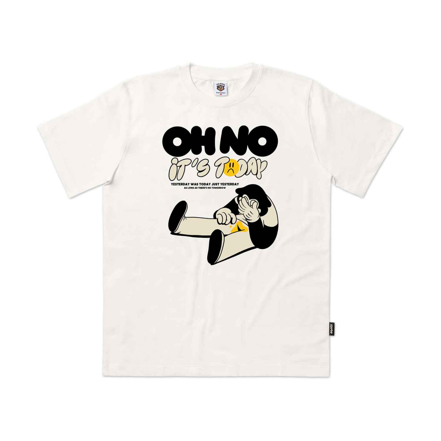 Weißes T-Shirt mit witzigem Design und Text 'OH NO IT'S TODAY' sowie einer Cartoon-Figur