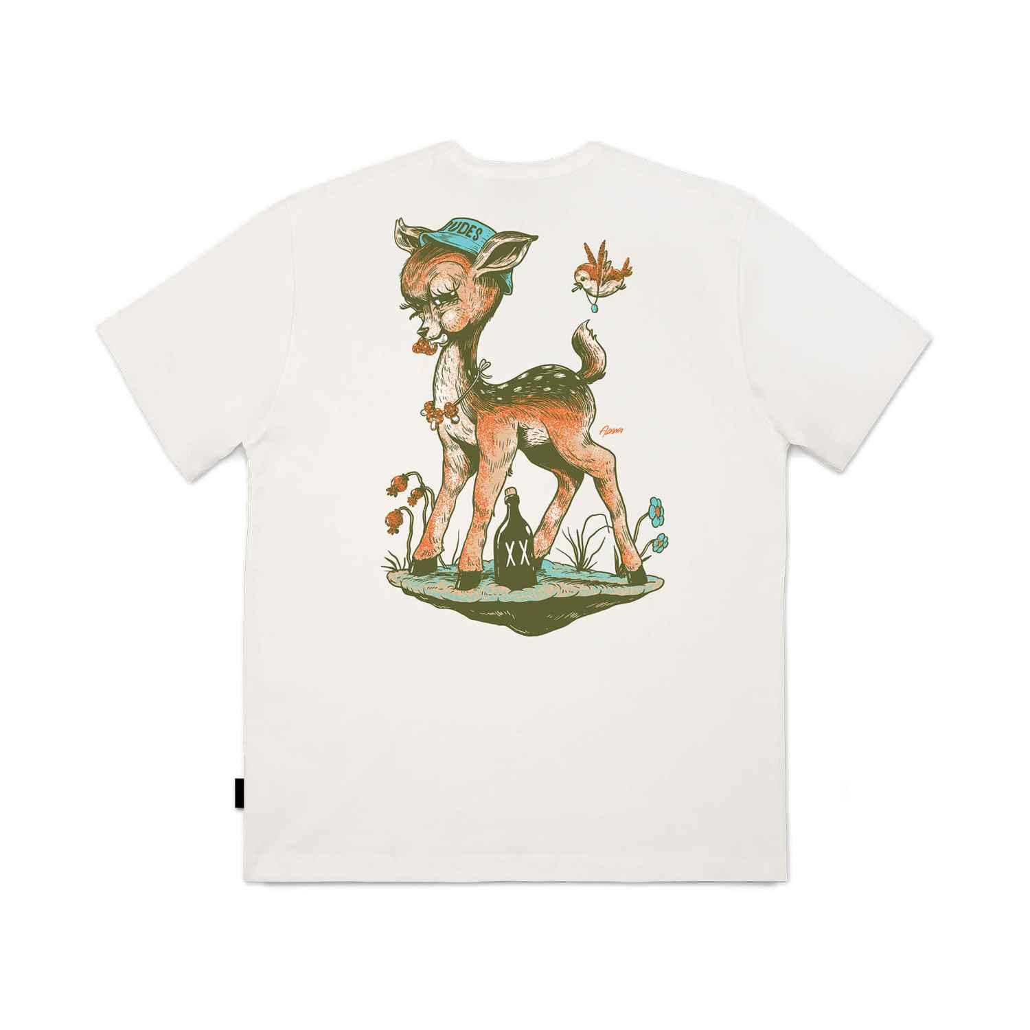 T-Shirt Rückseite mit Reh-Illustration und grafischen Details
